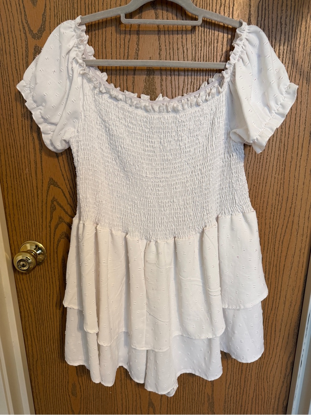 White Smocked Tiered Mini Dress with Puff Sleeves